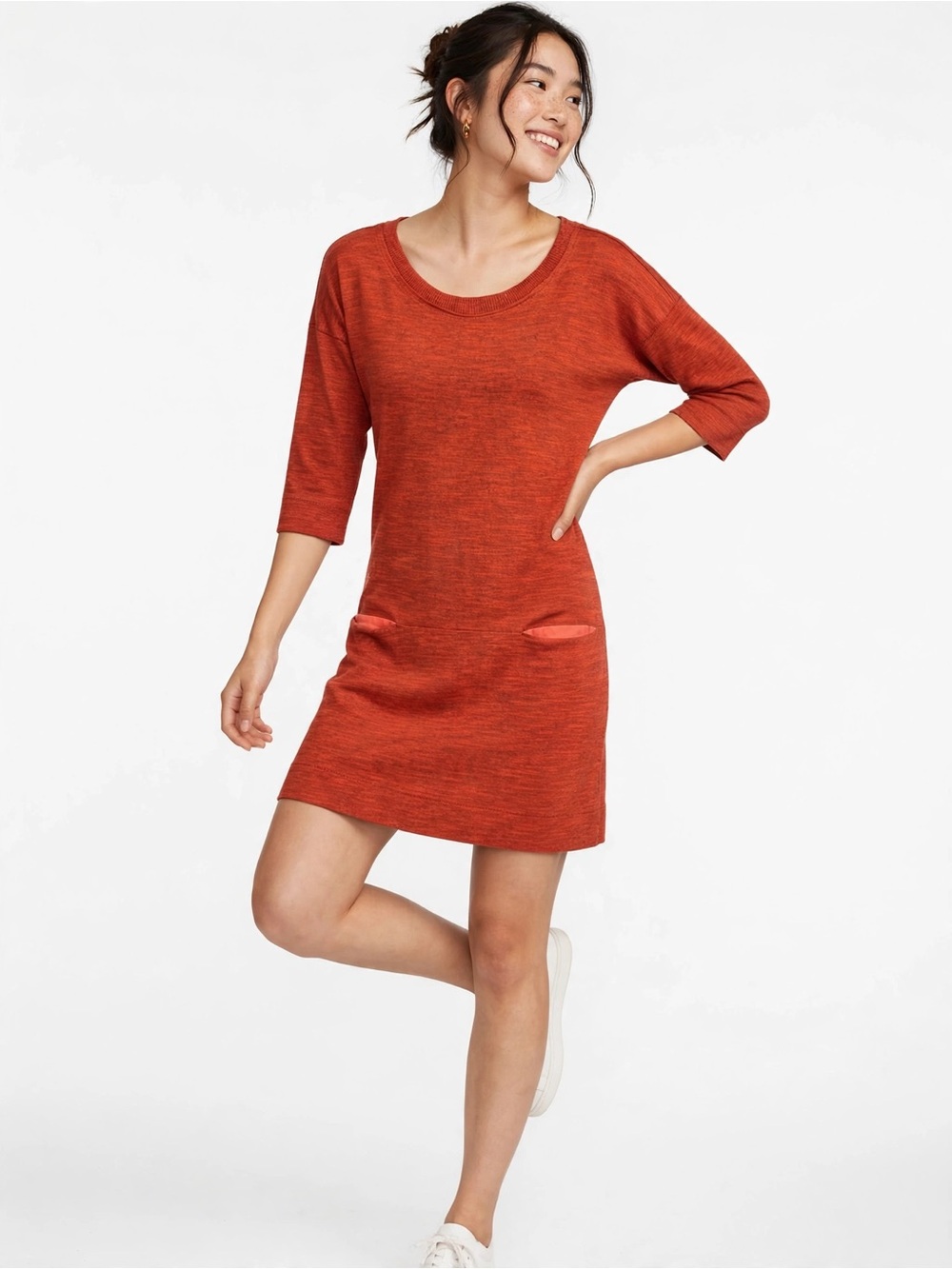 Rag And Bone S Rust Orange Knit Shift Dress Pocket Three Quarter Sleeve